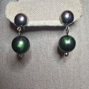 Green Faux Pearl Drop Earrings with Silver Accents - Women Jewelry